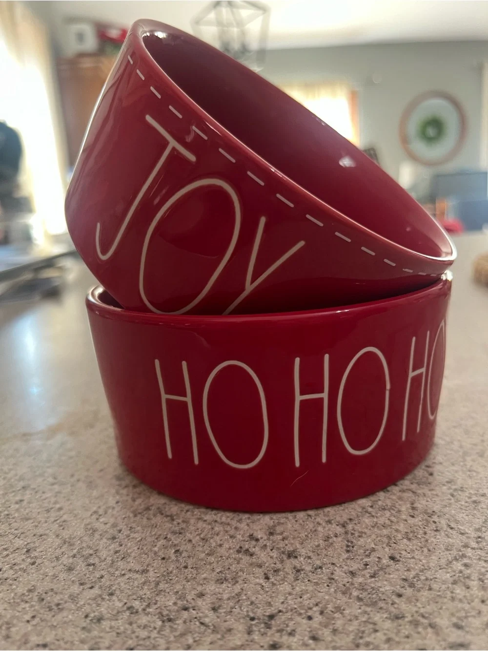 Red 'HO HO HO'  and JOY Holiday dog bowls